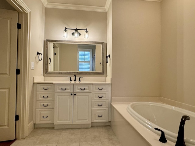 bathroom featuring tile patterned flooring, vanity, crown molding, and a garden tub