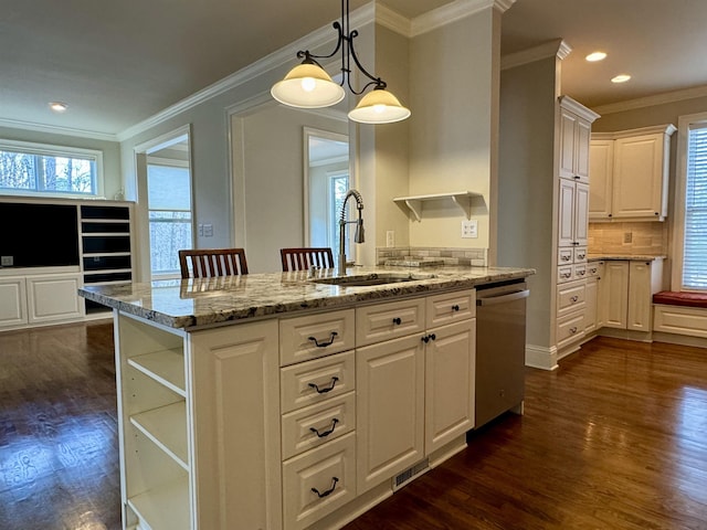 kitchen with dishwasher, open shelves, dark wood-type flooring, and a sink