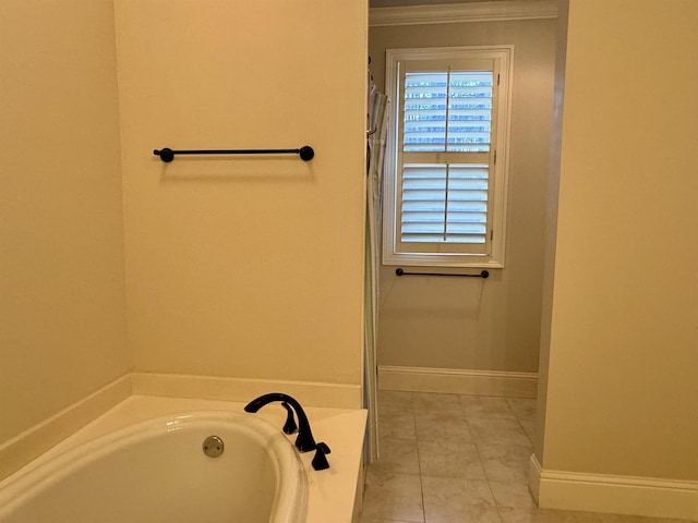 bathroom featuring a shower, baseboards, a bath, and tile patterned flooring