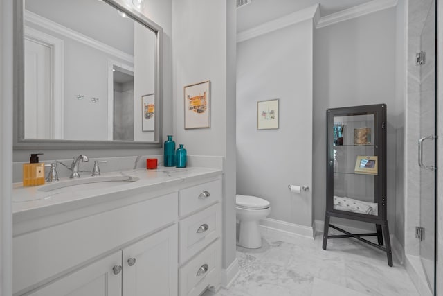 bathroom with crown molding, toilet, vanity, and walk in shower