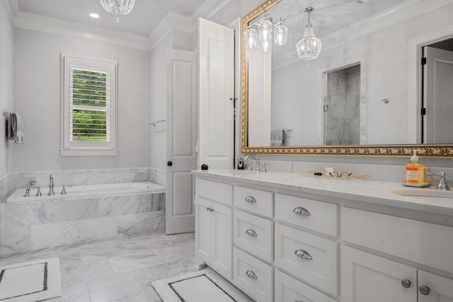 bathroom with ornamental molding, plus walk in shower, a notable chandelier, and vanity