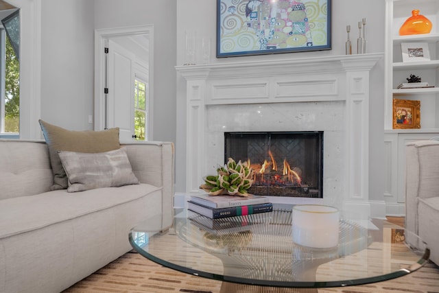 living area featuring a fireplace and built in features