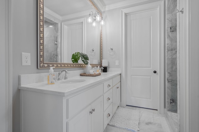 bathroom featuring vanity, crown molding, and a tile shower