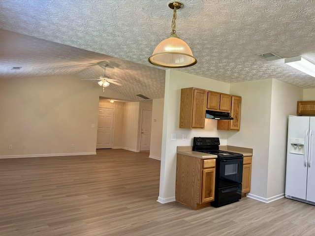 kitchen with black / electric stove, white fridge with ice dispenser, pendant lighting, ceiling fan, and light hardwood / wood-style floors