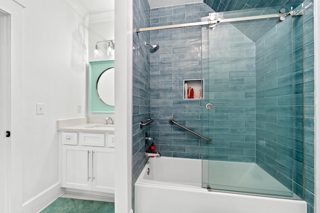 bathroom featuring vanity, crown molding, and bath / shower combo with glass door