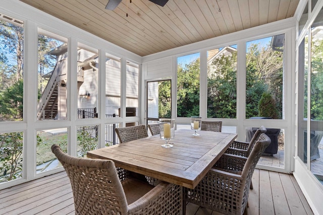 sunroom / solarium with a ceiling fan, plenty of natural light, and wood ceiling