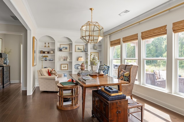 dining space featuring crown molding, baseboards, dark wood-style flooring, and visible vents