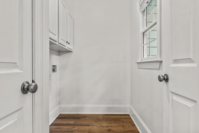 775 Markhams Dr, Madison, GA 30650 - laundry room with dark wood-type flooring, cabinet space, baseboards, and hookup for a washing machine