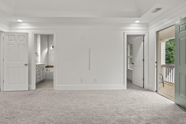 775 Markhams Dr, Madison, GA 30650 - unfurnished bedroom featuring access to exterior, light colored carpet, recessed lighting, crown molding, and ensuite bathroom
