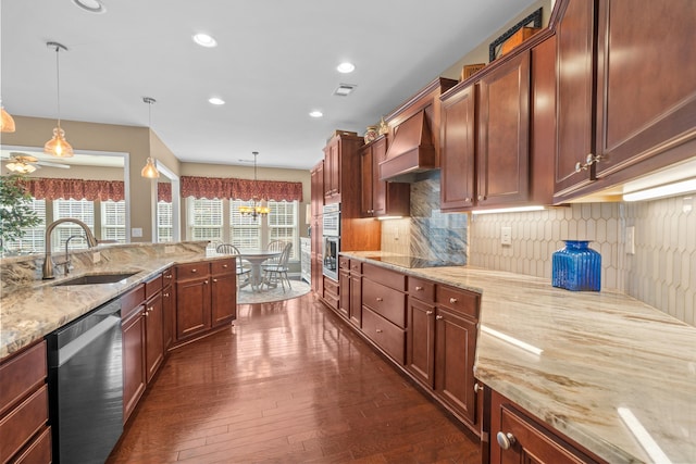 1080 Water Front Rd, Greensboro, GA 30642 - kitchen featuring custom range hood, a sink, dark wood-style floors, light stone counters, and dishwasher