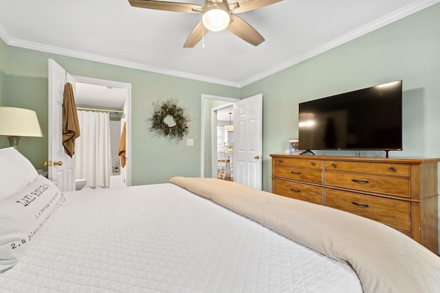 bedroom with ceiling fan and crown molding