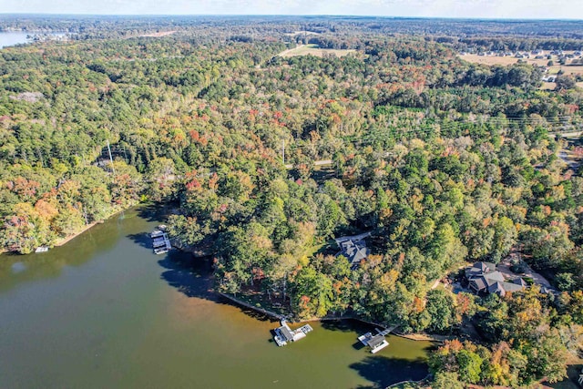 birds eye view of property with a water view and a view of trees