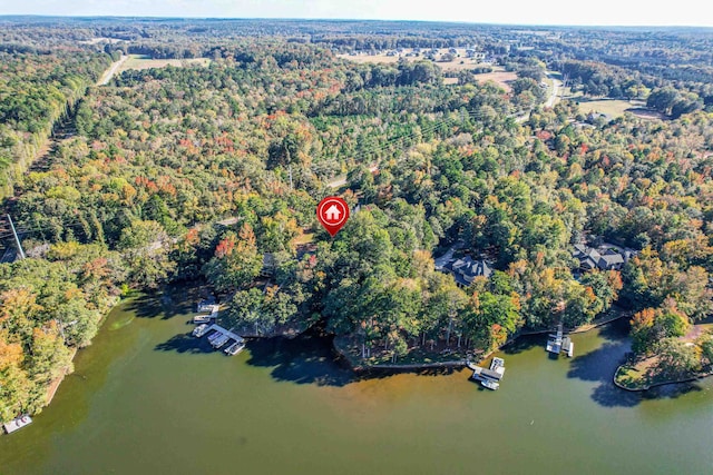 birds eye view of property featuring a water view and a wooded view