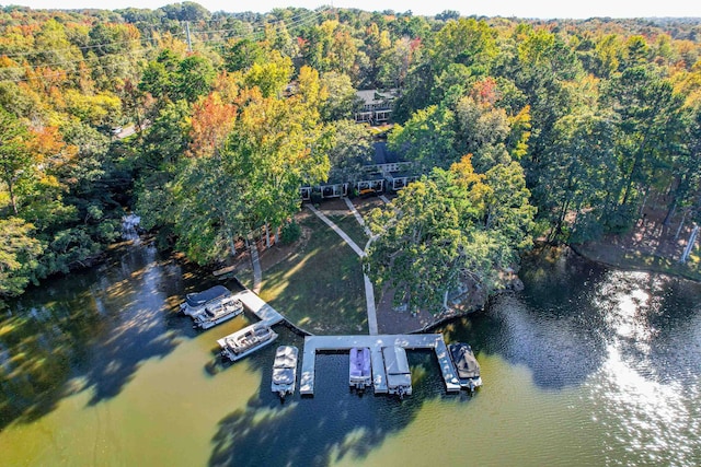 aerial view featuring a water view and a forest view