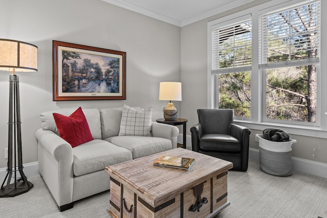 living room with crown molding and light carpet