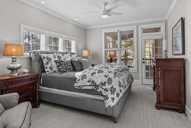 bedroom featuring crown molding, ceiling fan, access to exterior, and light carpet