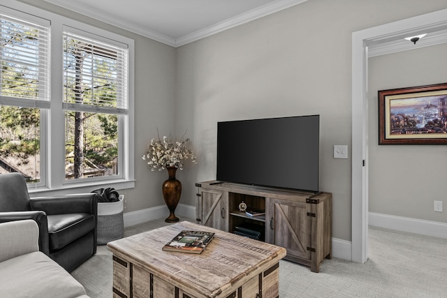 living room with ornamental molding and light carpet