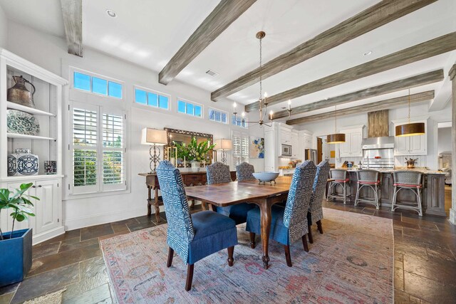112 Arbors Ln, Eatonton, GA 31024 - dining space featuring stone tile floors, baseboards, visible vents, a notable chandelier, and beamed ceiling