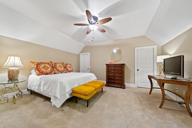 112 Arbors Ln, Eatonton, GA 31024 - bedroom featuring baseboards, lofted ceiling, a ceiling fan, and light carpet