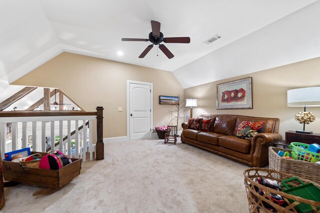 112 Arbors Ln, Eatonton, GA 31024 - carpeted living room with baseboards, vaulted ceiling, visible vents, and ceiling fan