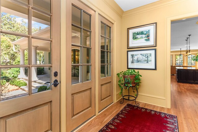 doorway to outside with ornamental molding and wood-type flooring