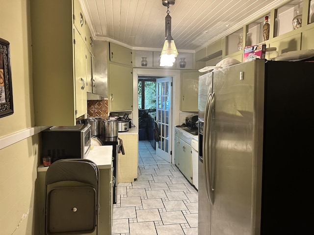 kitchen featuring stainless steel appliances, light countertops, ornamental molding, wooden ceiling, and decorative backsplash