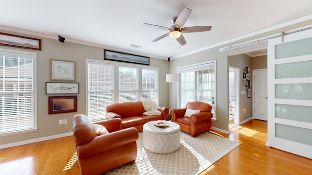 living room featuring ceiling fan, ornamental molding, a barn door, and light wood-type flooring