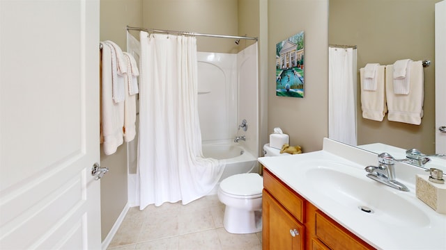 full bathroom featuring shower / tub combo, vanity, tile patterned floors, and toilet