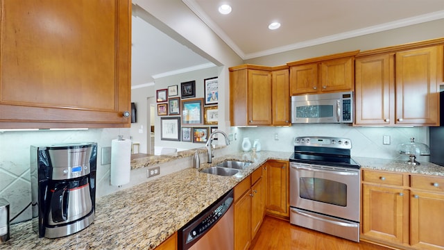 kitchen featuring sink, decorative backsplash, ornamental molding, stainless steel appliances, and light stone countertops