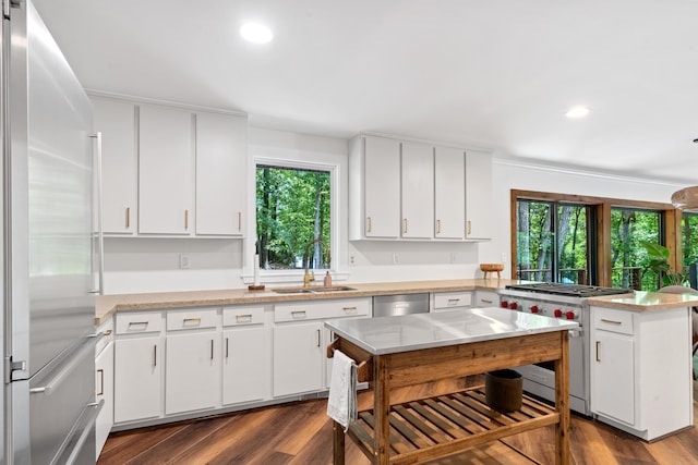114 Oak Ridge Ln, Eatonton, GA 31024 - kitchen featuring high quality appliances, a sink, a peninsula, dark wood-type flooring, and recessed lighting