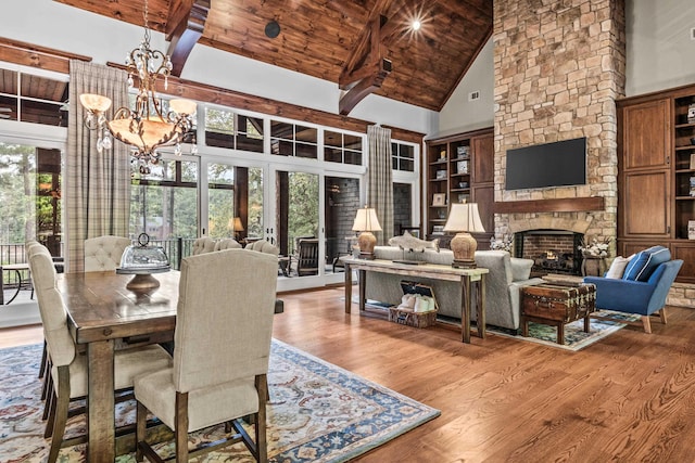 dining space featuring a stone fireplace, high vaulted ceiling, wood-type flooring, a chandelier, and wooden ceiling