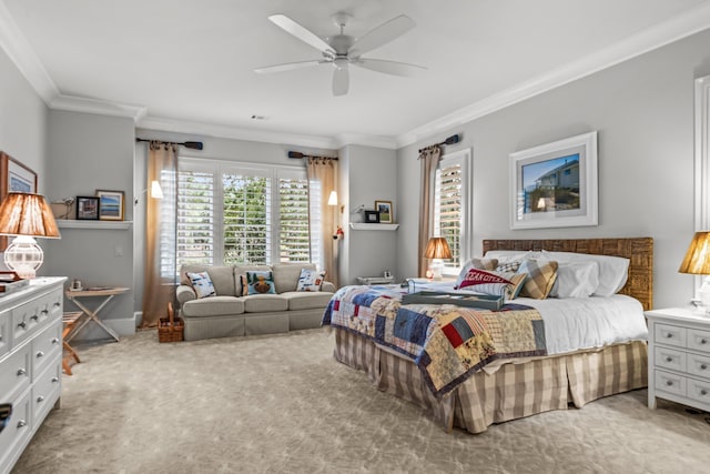 bedroom featuring light colored carpet, ornamental molding, and ceiling fan