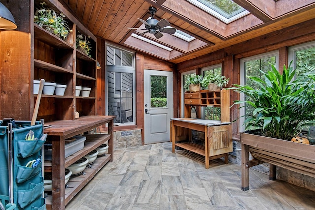 interior space with ceiling fan, wood ceiling, and a skylight