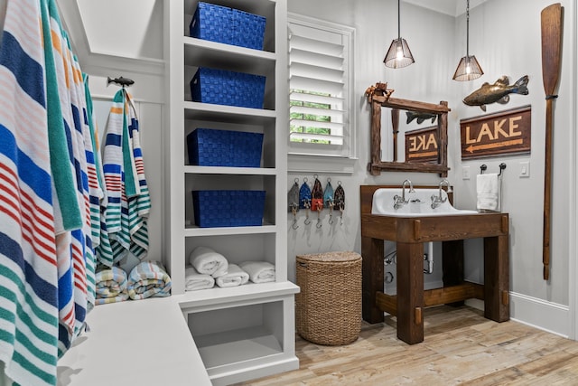 bathroom with wood-type flooring