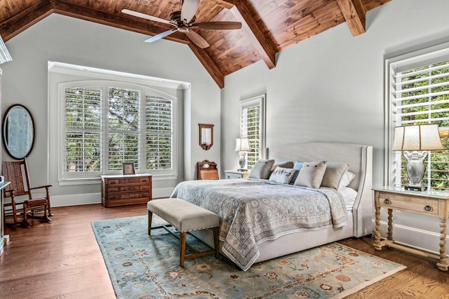 bedroom with wood ceiling, wood-type flooring, high vaulted ceiling, ceiling fan, and beam ceiling