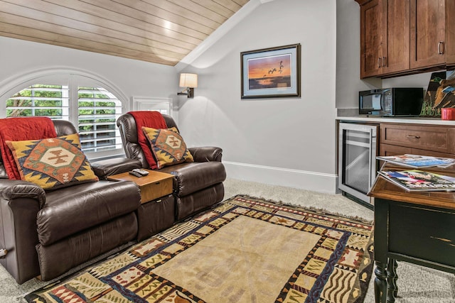 carpeted living room featuring wine cooler, lofted ceiling, and wooden ceiling