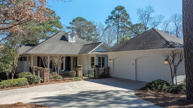 view of front of home featuring a garage, a shingled roof, driveway, and fence