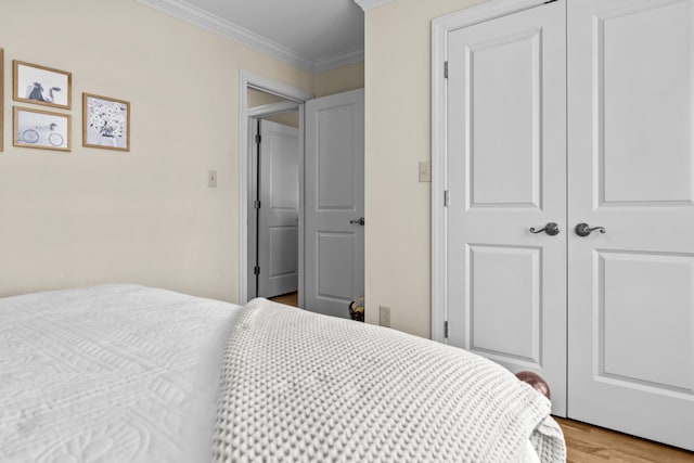 bedroom with ornamental molding, a closet, and light wood-type flooring