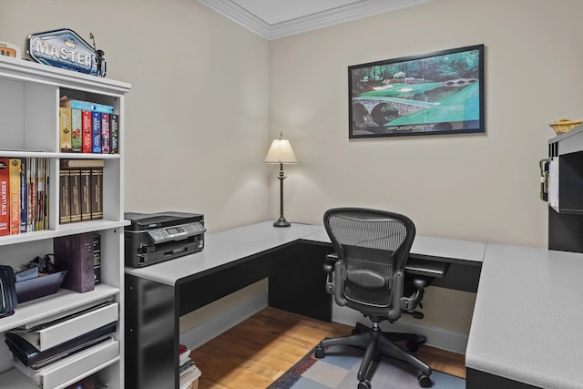 office featuring hardwood / wood-style flooring and ornamental molding