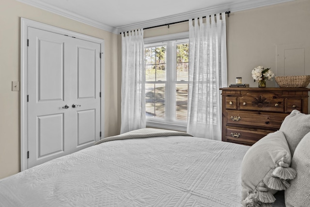 bedroom with crown molding and a closet