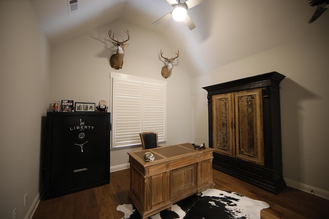 1060 Legend Dr, Greensboro, GA 30642 - office area featuring vaulted ceiling, a ceiling fan, and dark wood finished floors