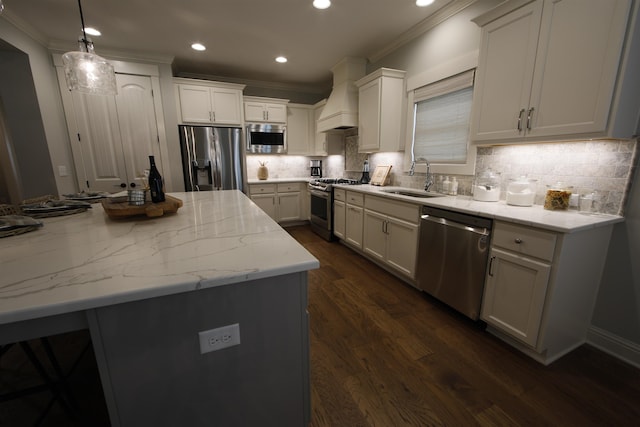 1060 Legend Dr, Greensboro, GA 30642 - kitchen featuring stainless steel appliances, premium range hood, recessed lighting, ornamental molding, and dark wood-style floors