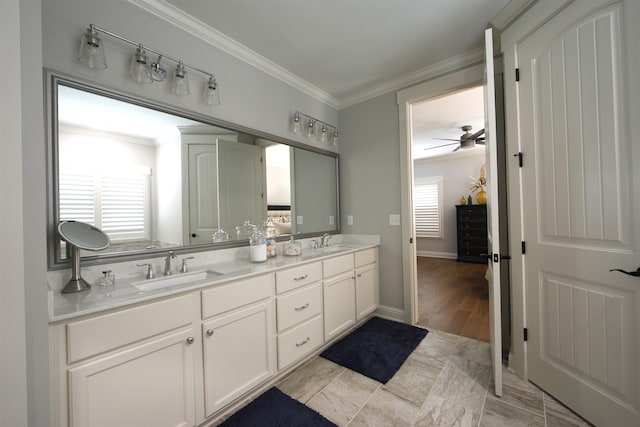 1060 Legend Dr, Greensboro, GA 30642 - full bathroom with double vanity, ceiling fan, and ornamental molding