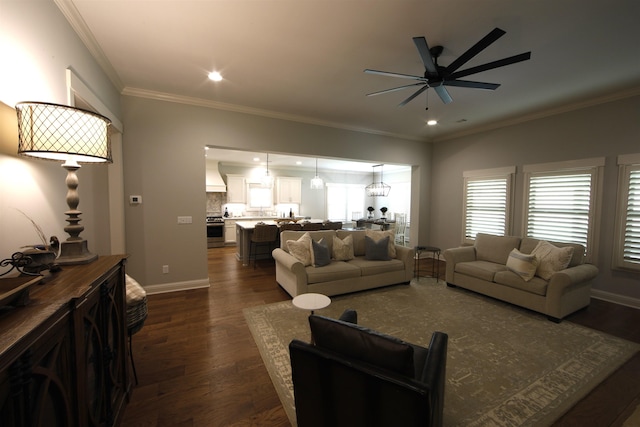 1060 Legend Dr, Greensboro, GA 30642 - living room with ceiling fan, dark wood-style floors, ornamental molding, and recessed lighting