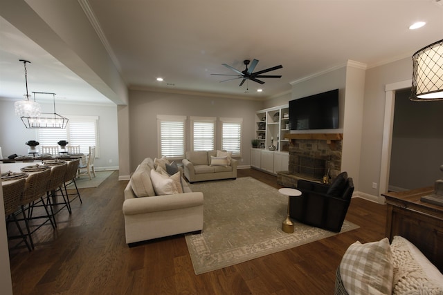 1060 Legend Dr, Greensboro, GA 30642 - living area with a ceiling fan, recessed lighting, a fireplace, wood finished floors, and plenty of natural light