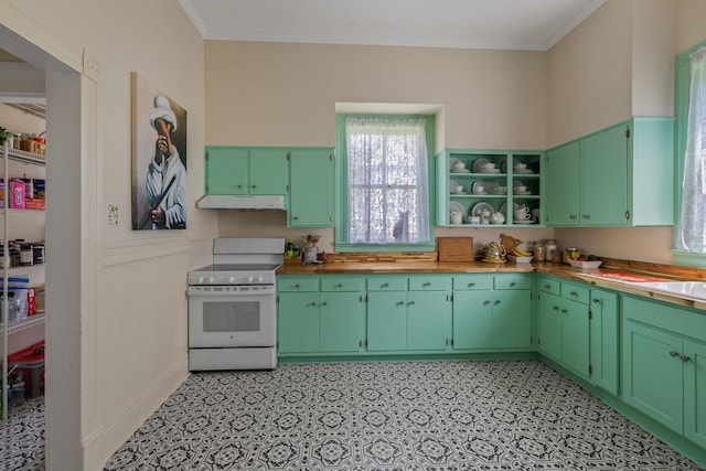 406 Madison Ave, Eatonton, GA 31024 - kitchen with electric range, under cabinet range hood, open shelves, ornamental molding, and light floors