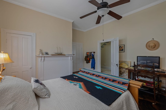 406 Madison Ave, Eatonton, GA 31024 - bedroom with ornamental molding, ceiling fan, and baseboards