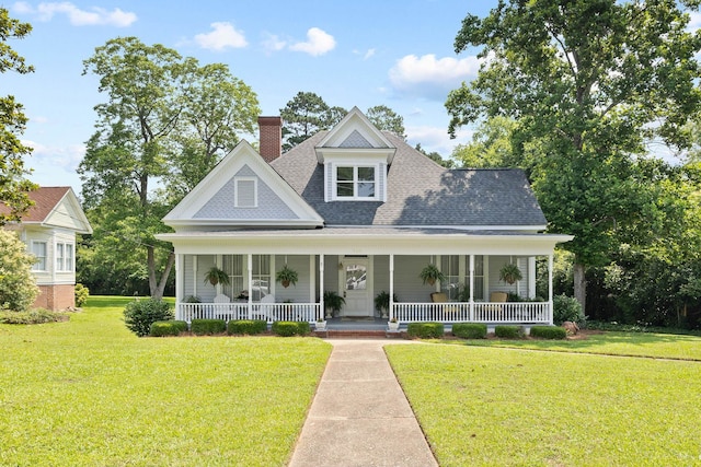 406 Madison Ave, Eatonton, GA 31024 - view of front facade with covered porch, a chimney, a front yard, and roof with shingles