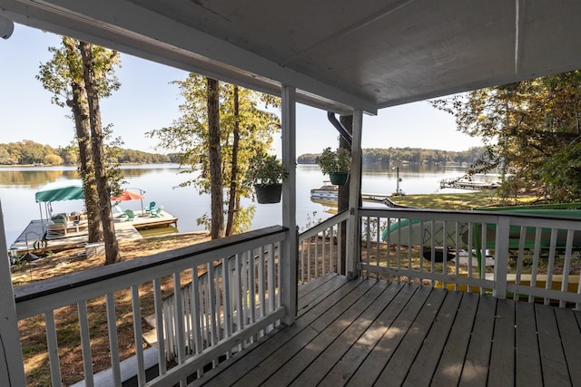 deck featuring a water view