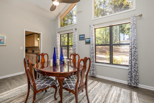 dining space with high vaulted ceiling, dark hardwood / wood-style floors, and ceiling fan